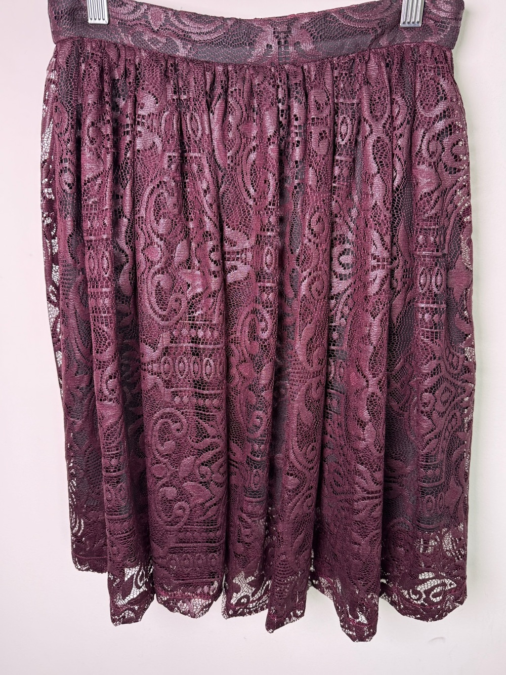 Parker Metallic Lace Gathered Midi Skirt Burgundy Wine Sz 2
